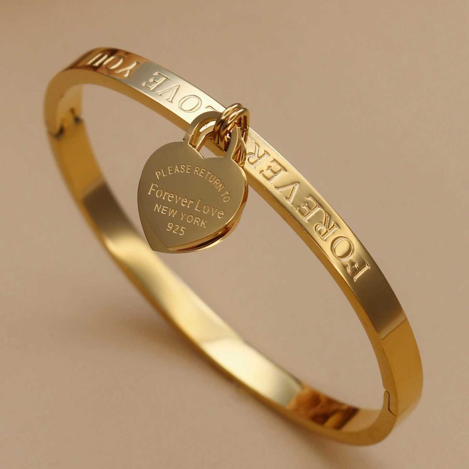 XB999 Hot Classic Stainless Steel Gold Color Bangles Jewelry Fine Double Peach Heart Female H260323