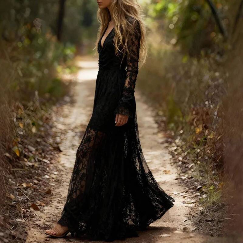 New Deep V Neck Embroidery Lace Woman Spring Hollow Out High Waist Crochet Dresses Autumn Flare Sleeve Jacquard Long Dress