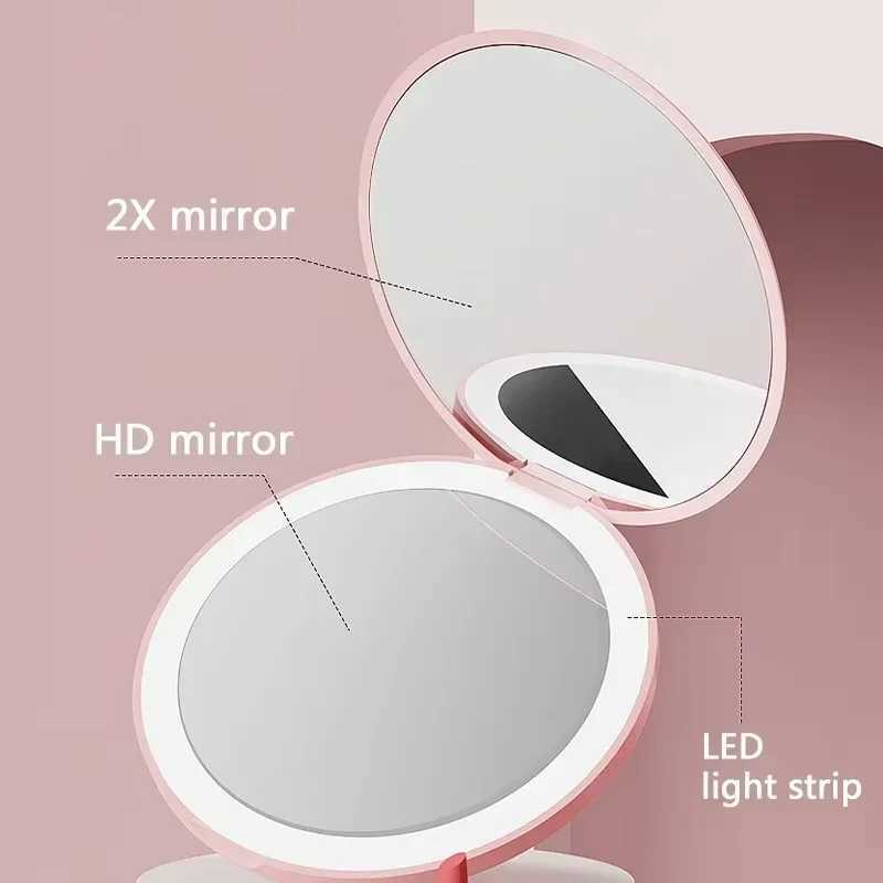 Travel Personalized Small LED Light Cosmetic 2 Side Folding Makeup Compact Pocket Mirror Women Luminous Effect Mini Mirror H260324
