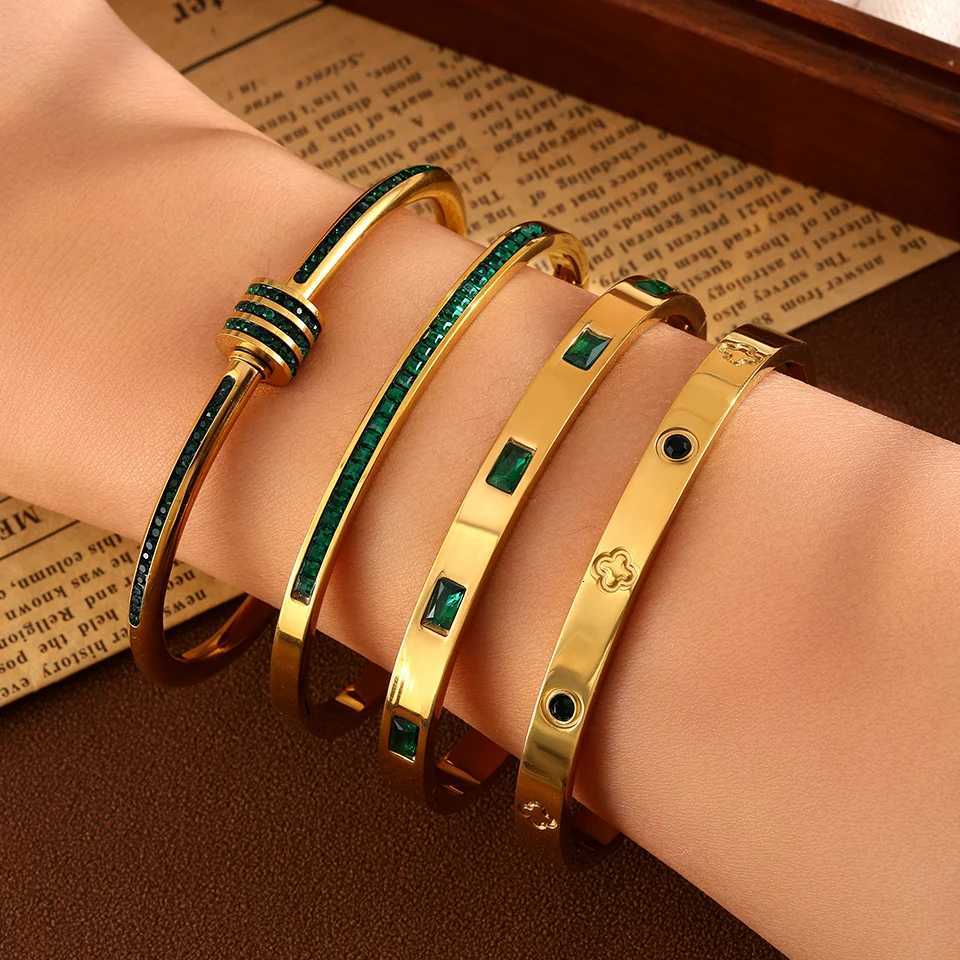 Yupsk 4/1Pcs Geometric Green Zircon Stainless Steel Stackable Bangle Set for Women Luxury Jewelry Gifts H260323 - view 3
