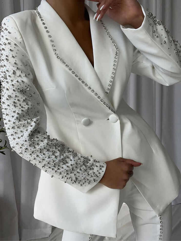 Elegant Women Suits Beaded Double Breasted Shawl Lapel Ladies Outfits 2 Pieces set Jacket Pants Mother Of The Bride Suit Prom Customized ZD19