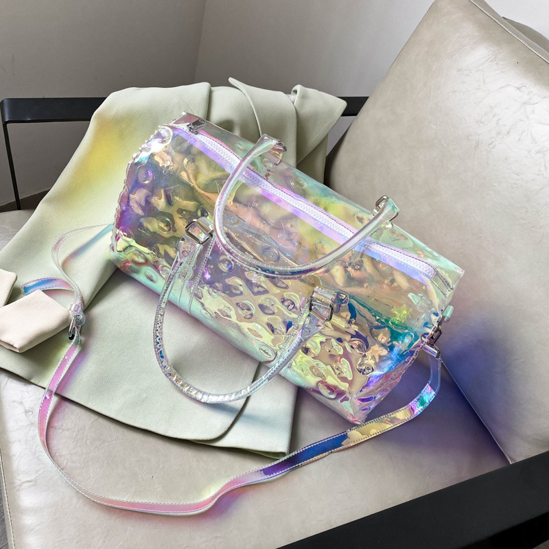 Fashion Rainbow Transparent Womens Tote Bag Colorful Large Summer Portable Laser Shopping Handbag Big Female Beach Travel Bag 241214