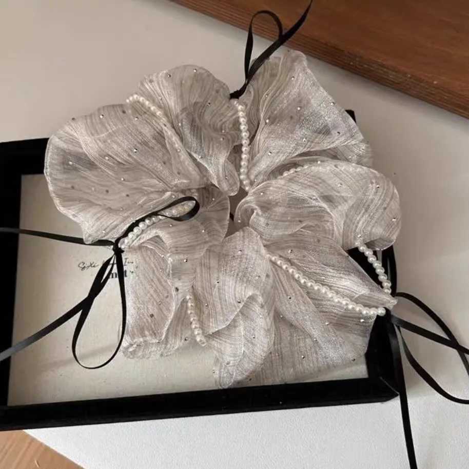 1PC Bowknot Beaded Tulle Scrunchie - Womens High-end Hair Rope Sweet and Elegant Hair-tie Elastic Band H260324