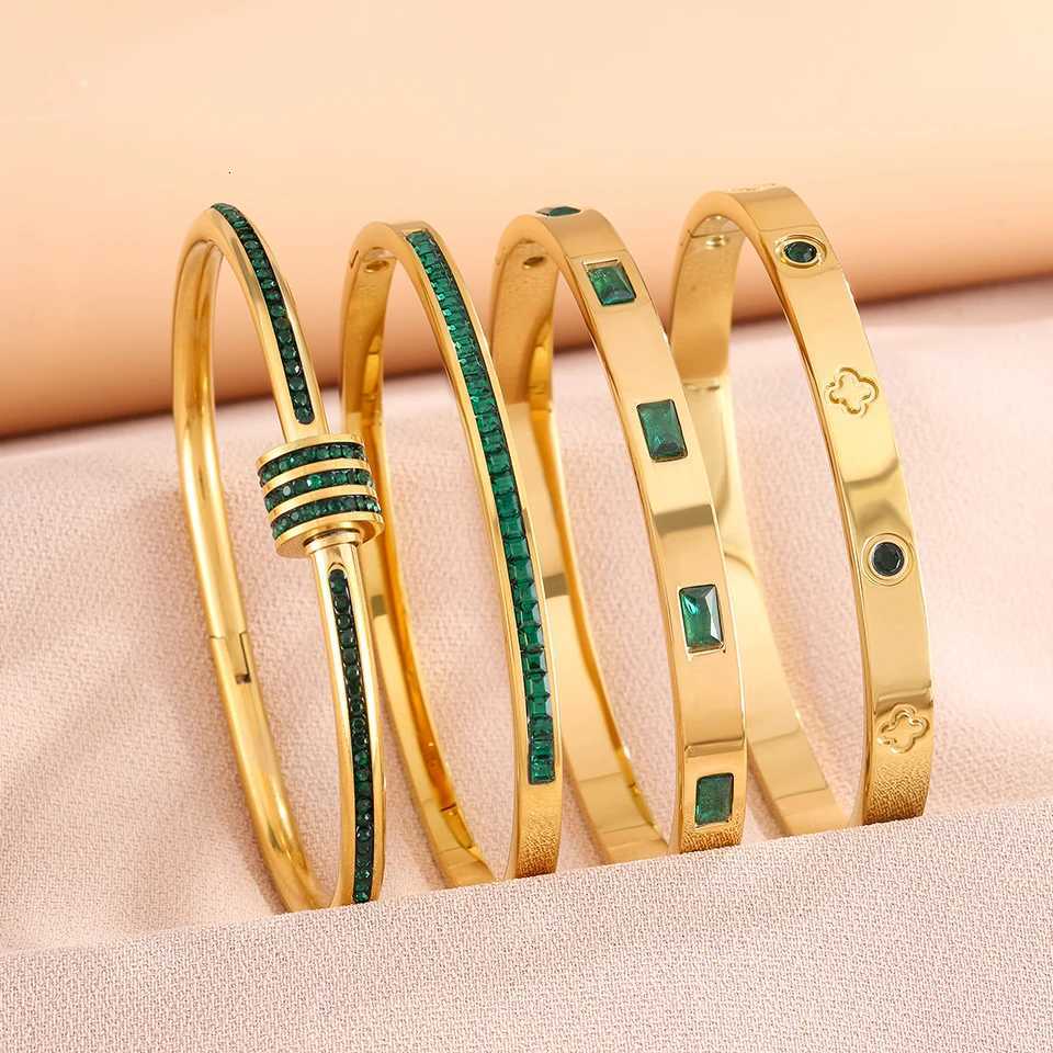 Yupsk 4/1Pcs Geometric Green Zircon Stainless Steel Stackable Bangle Set for Women Luxury Jewelry Gifts H260323 - view 5