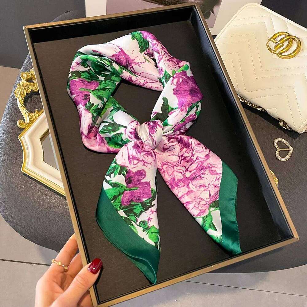 New Luxury Floral Print Silk Square Scarf Women Soft Satin Kerchief Hairband Head Hijab Lady Headband Foulard Bag Ribbon