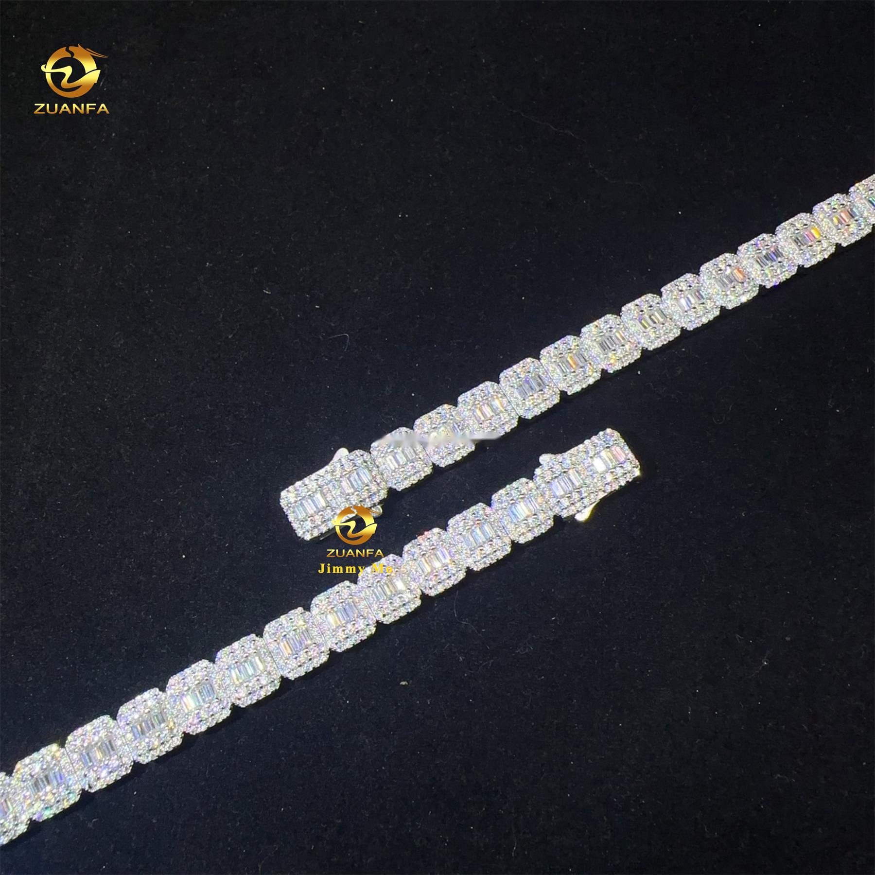 Hot Selling Fashion 9MM Luxury 925 Sterling Silver Iced Out Hip Hop Jewelry Moissanite Baguette Cluster Tennis Chain Bracelet
