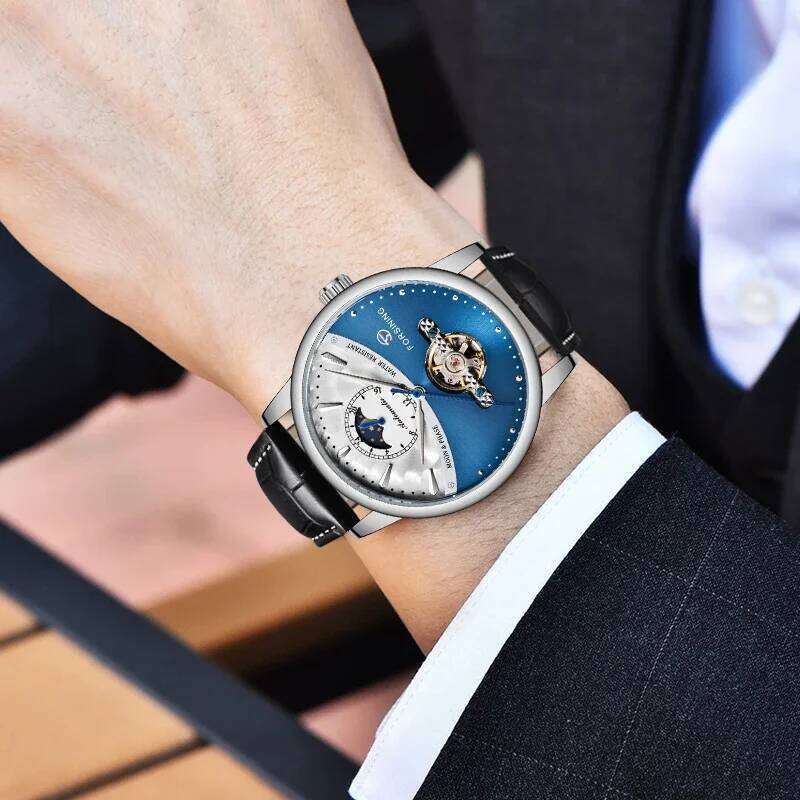 Forsining Luxury Brand Mechanical Classic Blue Moon Phase Fully Automatic Tourbillon Men's Black Leather Strap Watch - view 7