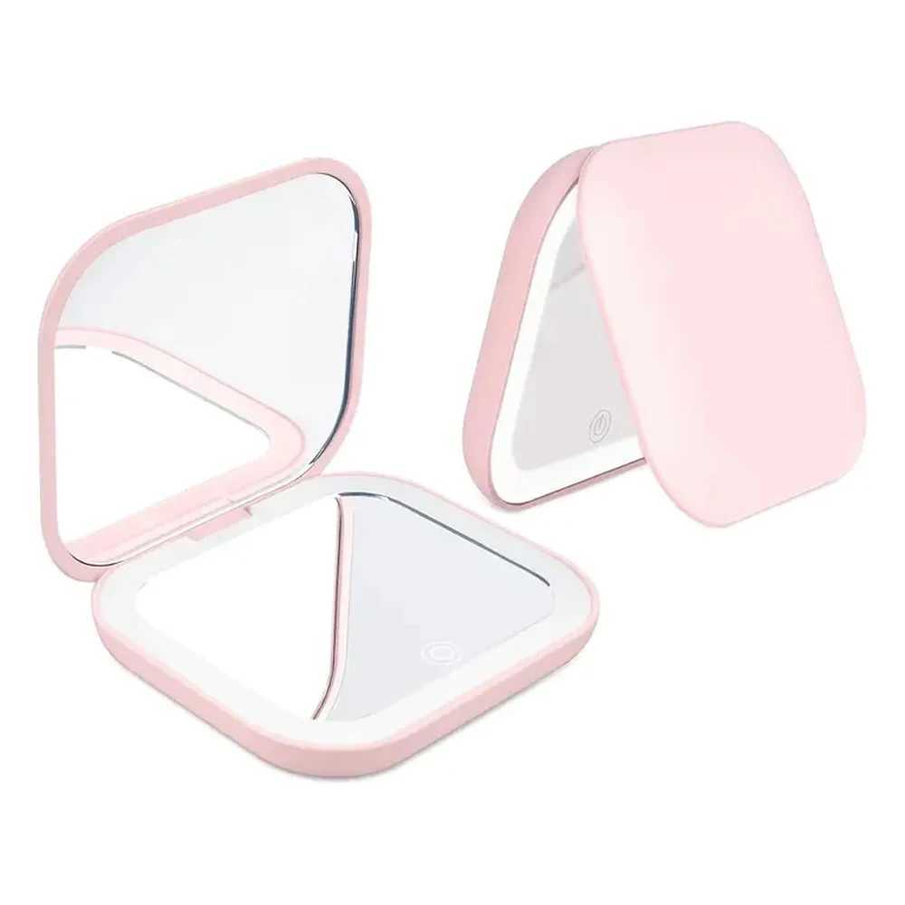 2X magnifying Compact Vanity Makeup Mirror with Lights Travel Mini Folding Portable Handheld Pocket LED Cosmetic Mirror for Gift H260324