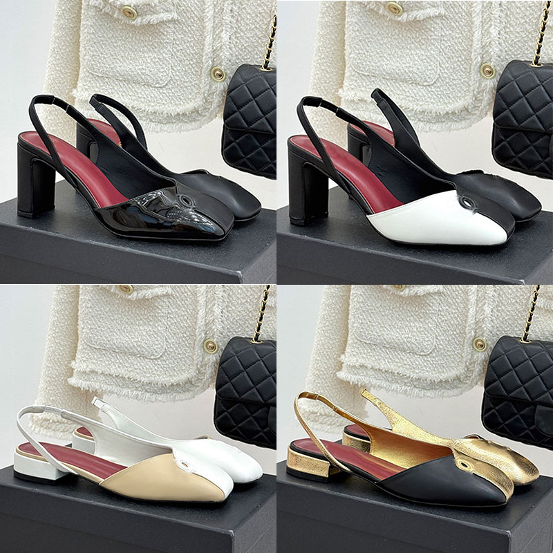 Fashion womens square toe empty sandals designer women thick heeled high heels Two tone spliced Lady flat shoes Rear empty strap Genuine leather outsole