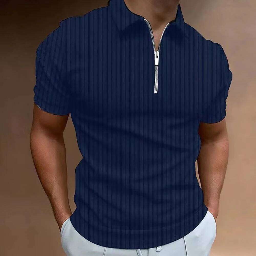 Men Striped Golf With Quarter Zipper Lapel Casual Holiday Short Sleeved T-Shirt Fashionable Basic Style Regular Fit Shirt