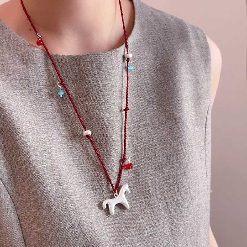 Minar Cute Smooth Surface Matte Color Cartoon Horse Multicolor Beads Pendant Necklaces for Women Adjusting Rope Sweater Chain H260324 - view 7