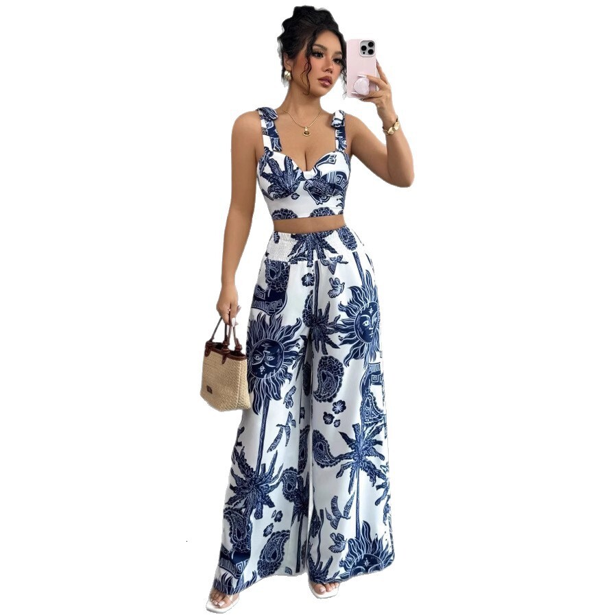 Luxury Brand Designer Clothes 2025 European And American Women's Summer New Sexy V-Neck Camisole Top + Loose Waistband Wide-Leg Pants