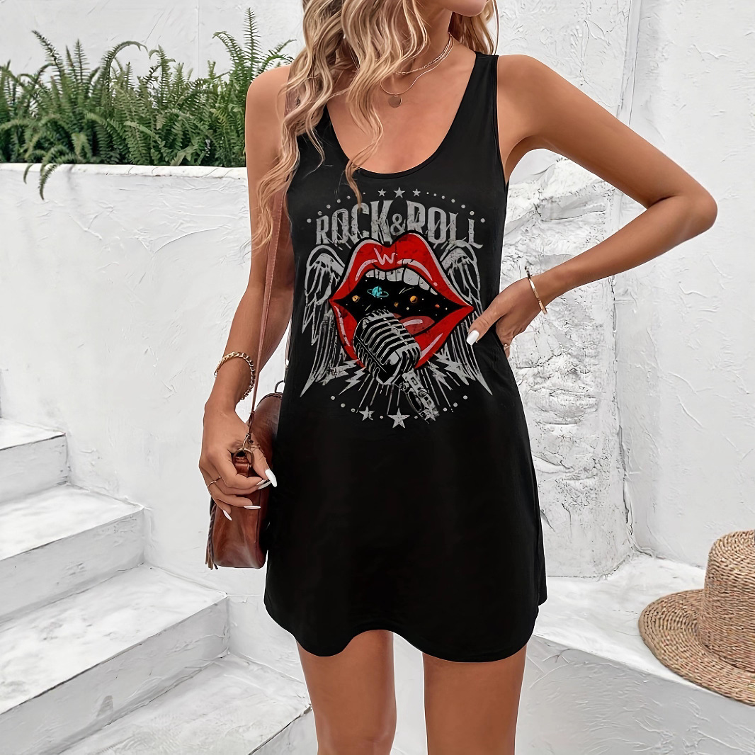 Designer Dress Foreign Trade Women's New Summer Sleeveless Dress Casual Rock Pattern Sleeveless Dress U-neck Midi Dress