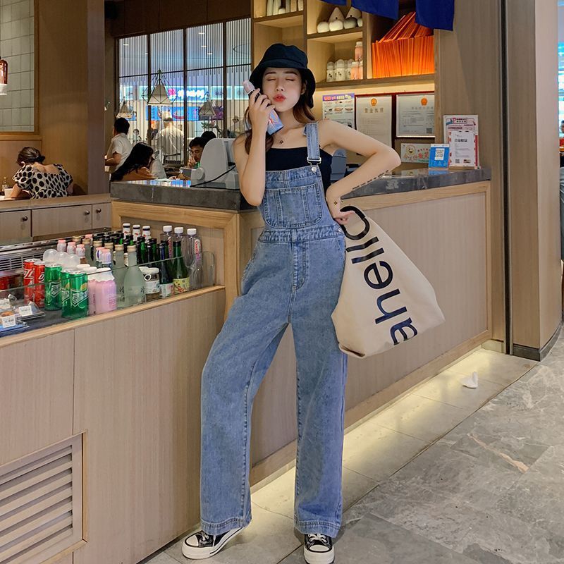 Women's Summer Korean-style Designer Pants Slimming High-waisted Loose Youthful Floor-length Denim Overalls