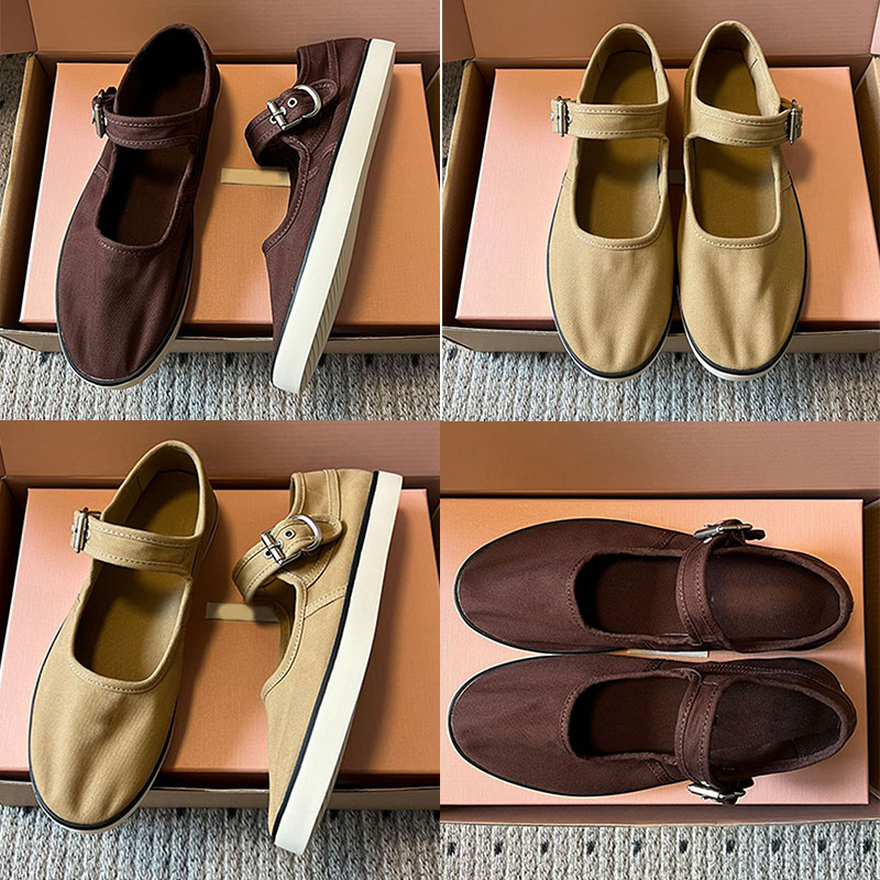 Luxury women canvas ballet shoes designer womens round toe Mary Jane shoes canvas upper soft comfortable rubber anti slip outsole dark brown Lady casual flat shoes