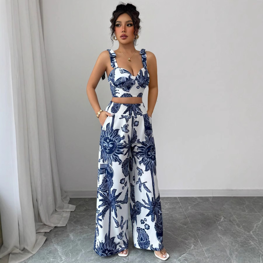 Luxury Brand Designer Clothes 2025 European And American Women's Summer New Sexy V-Neck Camisole Top + Loose Waistband Wide-Leg Pants