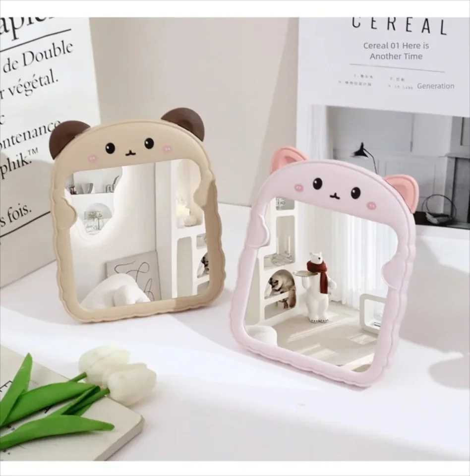 New Cute Plastic Vanity MirrorCartoon Cat Ear Bear Ear Desktop Foldable Vanity MirrorInternet Famous Bedroom Small Mirror H260324