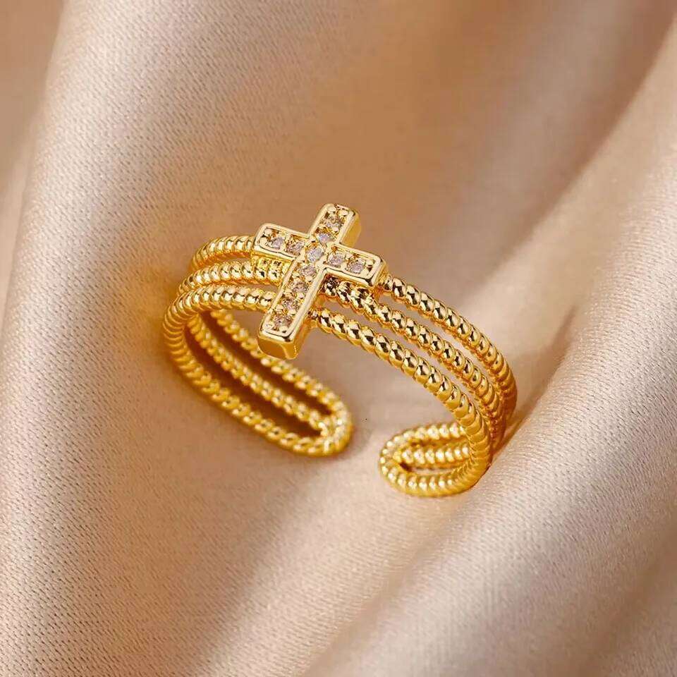 Jewelry Ring Gold Color Cubic Zirconia Chic Rings Punk Elegant Wedding Party Aesthetic Stainless Steel Ring For Women