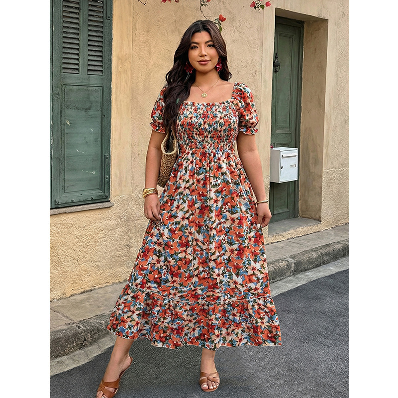 Q0260 new large size floral dress, fat MM style, square neck bubble sleeve long dress, waist and thin long dress