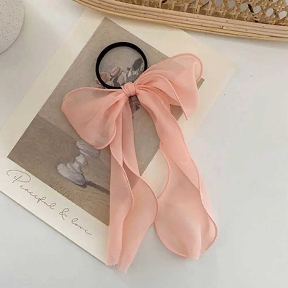 Summer Solid Color Lace Yarn Ribbon Hair Scrunchies Women Bow Elastic Hair Rope Ponytail Holder Girls Hair Ties Accessories H260324
