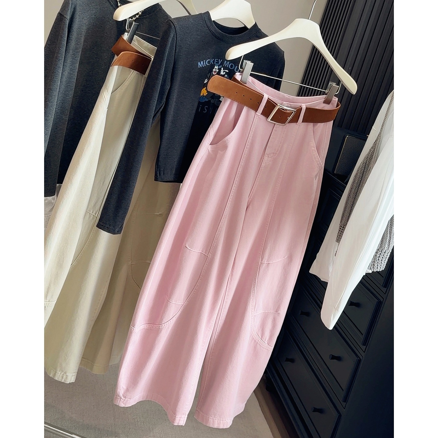 Pink Designer Pants Workwear Wide-leg Curved Hem Jeans For Women New Spring 2026 Loose BF Style Casual And Slimming Floor-length Scythe Pants
