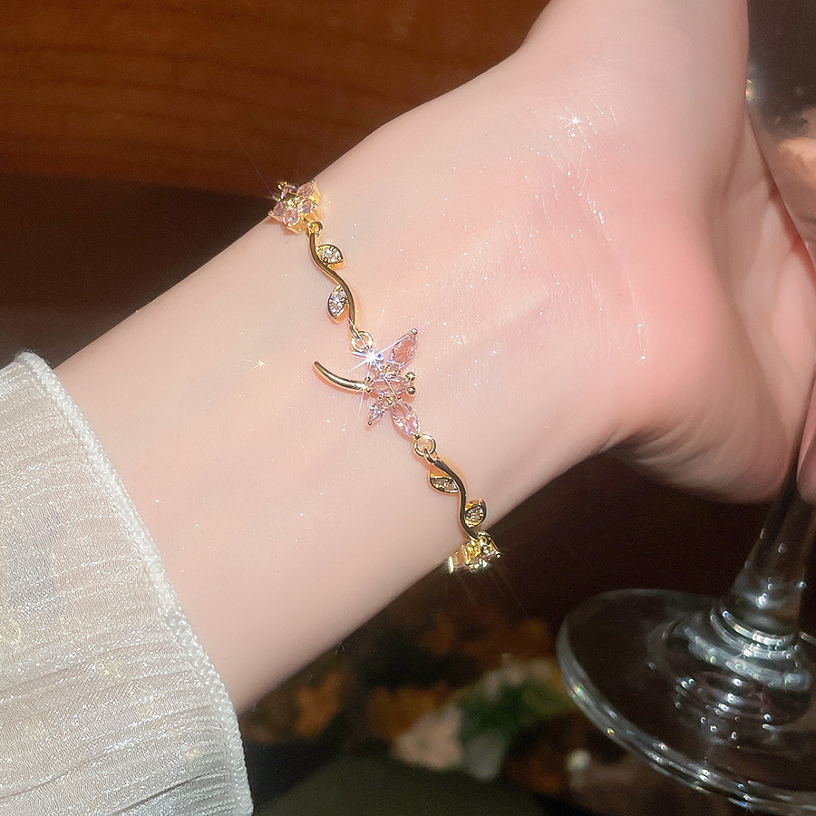 Elegant Light Luxury 18K Real Gold Plated Floral Bracelet with Sparkling Zircons for Women - view 3