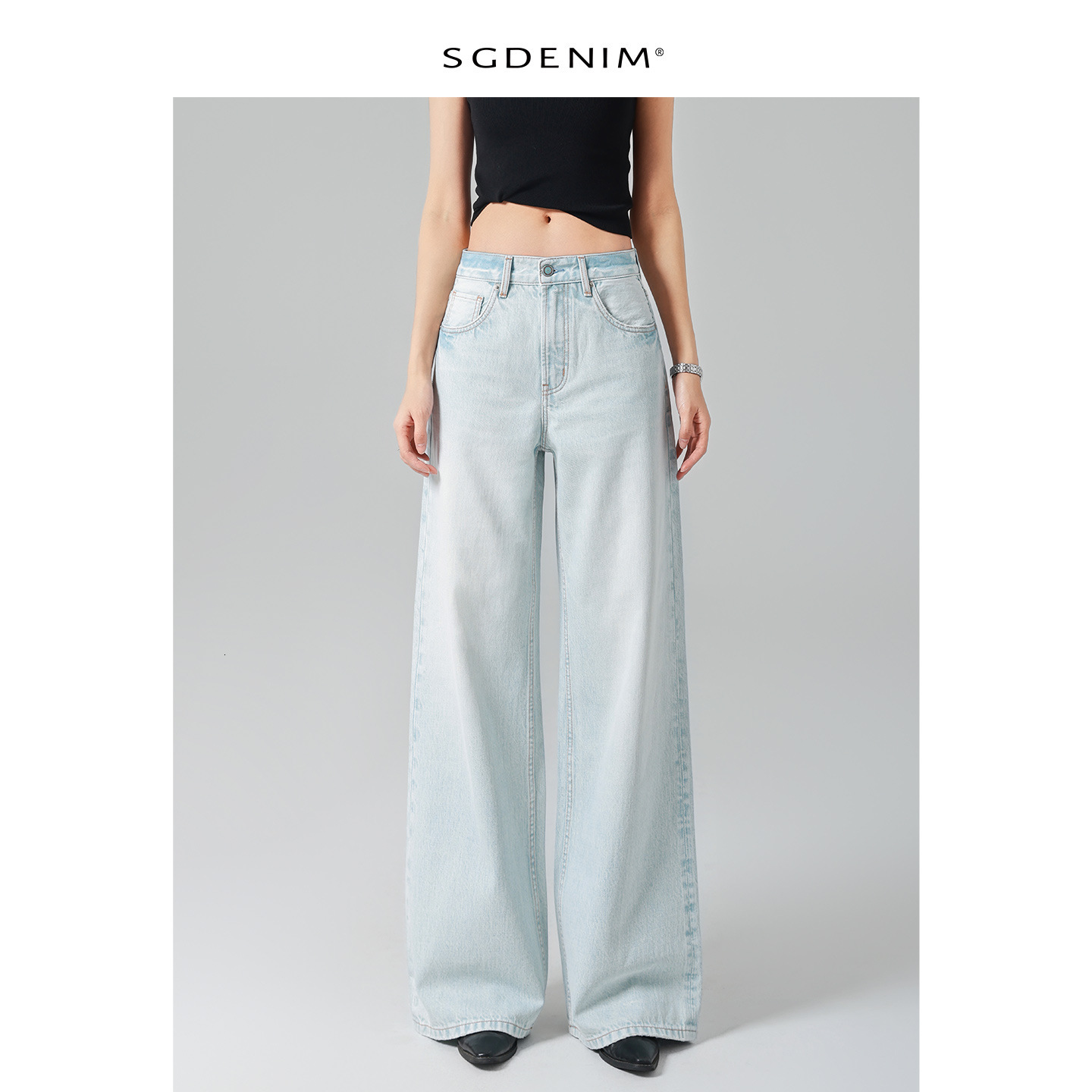 Light Blue Designer Pants And White Pearl/high-waisted Women's Jeans Loose Wide-leg Straight Floor-length Pants 2026 Spring New Style Relaxed And Slimming