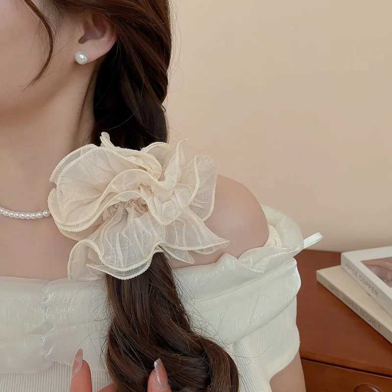 Solid Color Mesh Pleated Double-layer Large Scrunchies for Women Korean Simple Hair Flower Low Ponytail Holders Head Accessories H260324