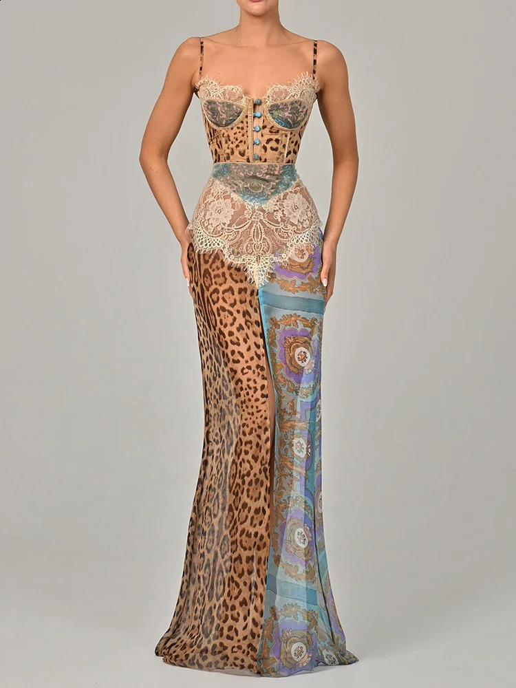 Mozision Leopard Print Lace Split Sexy Maxi Dress Women Gown Elegant Patchwork Chiffon Sleeveless Backless Beach Evening 260324