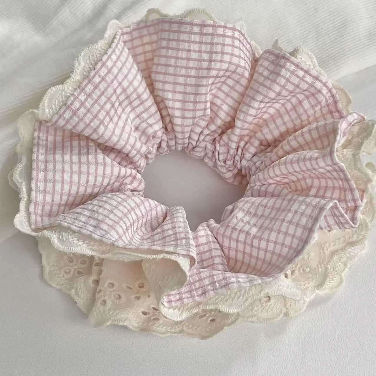 Pink fresh and sweet plaid lace four-layer large intestine scrunchie Gentle girl sweet lady daily hair accessory H260324