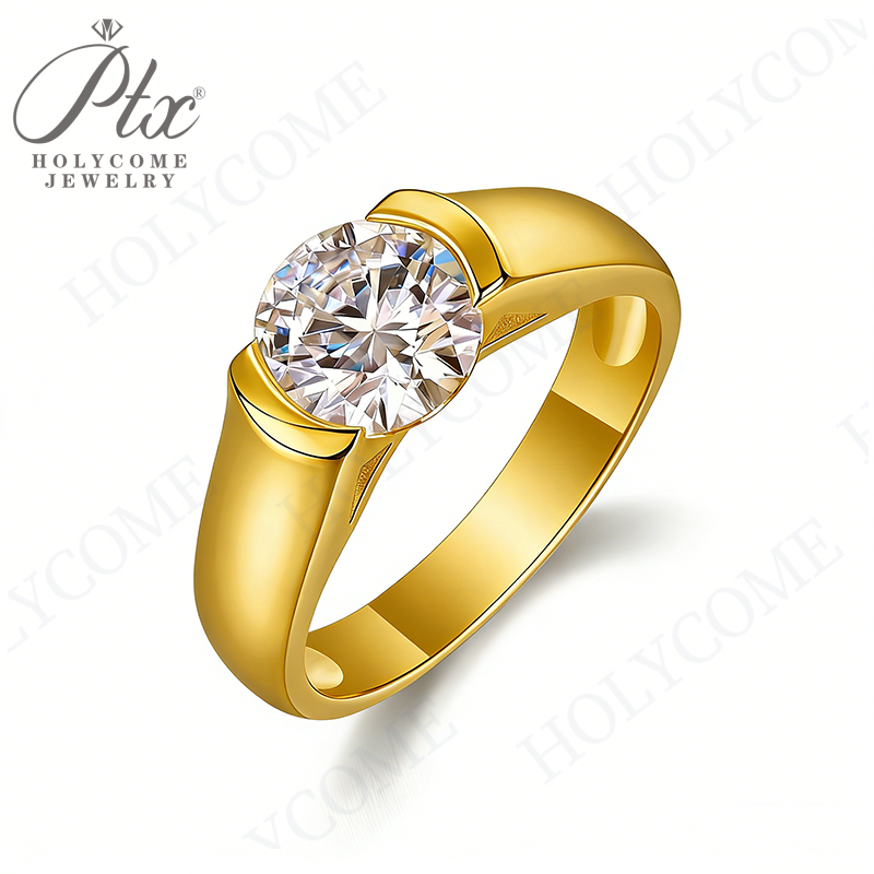 2CT Moissanite Ring Men 925 Sterling Silver 18K Gold Plated Half Bezel Setting D Color VVS1 Wedding Gift Comes with GRA Certificate
