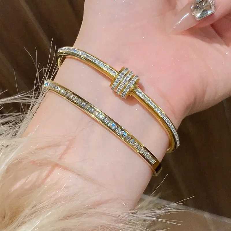 Titanium Steel Gold Silver Color Bangles for Women Girls Trend Waterproof Jewelry Luxury Sparkling Zircon Bangle H260323 - view 5