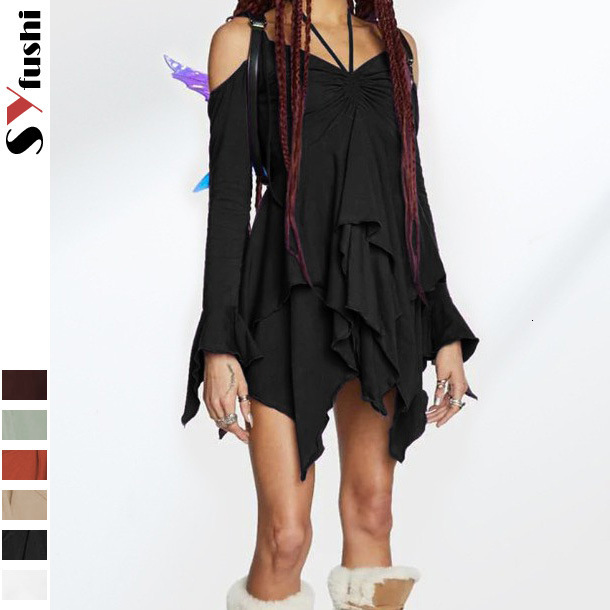 Gothic Hot Girl Style Milk Silk Women's Dress With Off-shoulder Long Designer Dress Sleeves High Waist Suspender Skirt And Ruffle Hem Dress