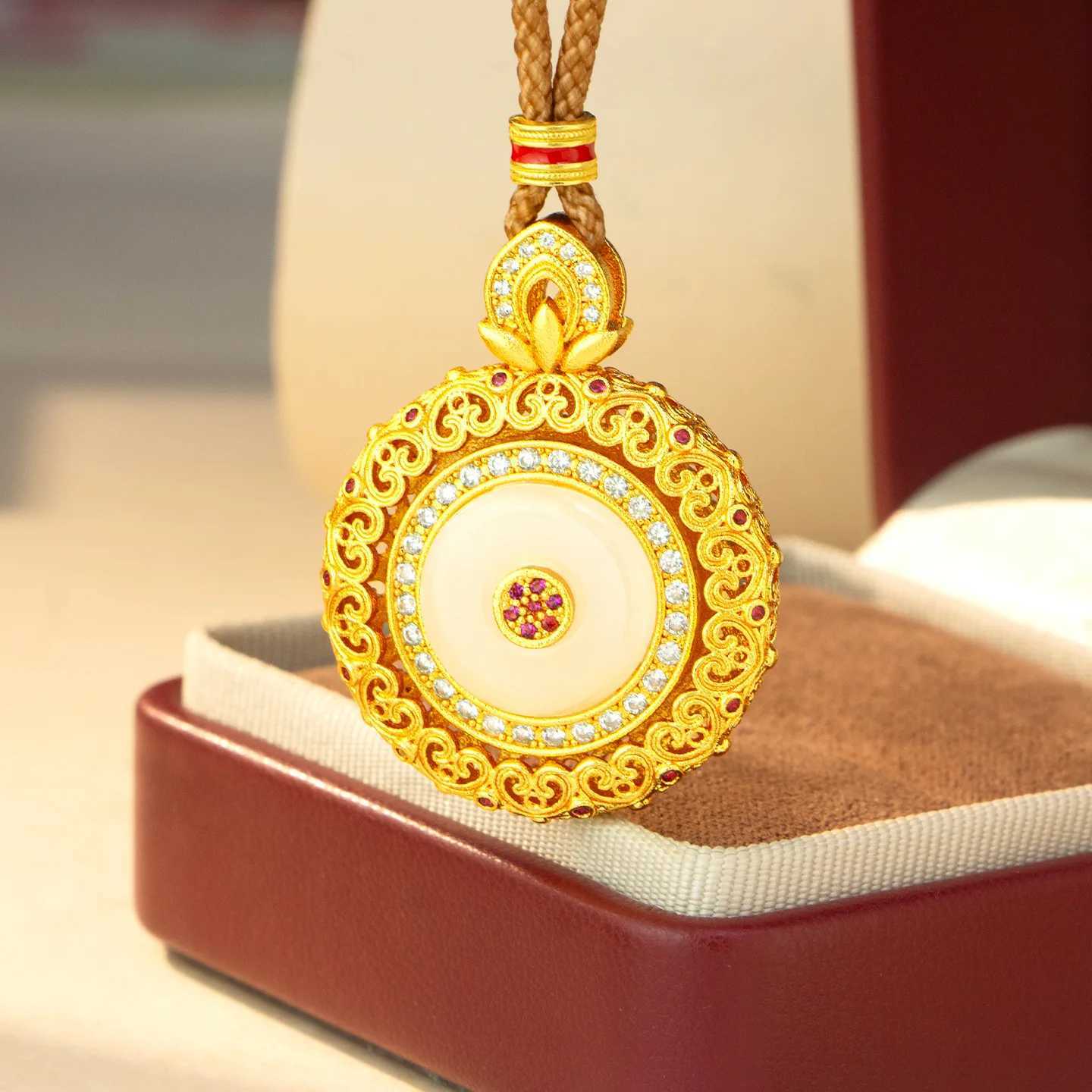Gold store 9999 24K real gold inlaid white jade disc pendant female palace style fashionable hollow rotatable necklace H260324 - view 5
