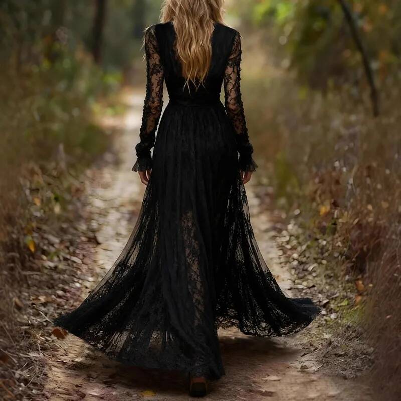 New Deep V Neck Embroidery Lace Woman Spring Hollow Out High Waist Crochet Dresses Autumn Flare Sleeve Jacquard Long Dress