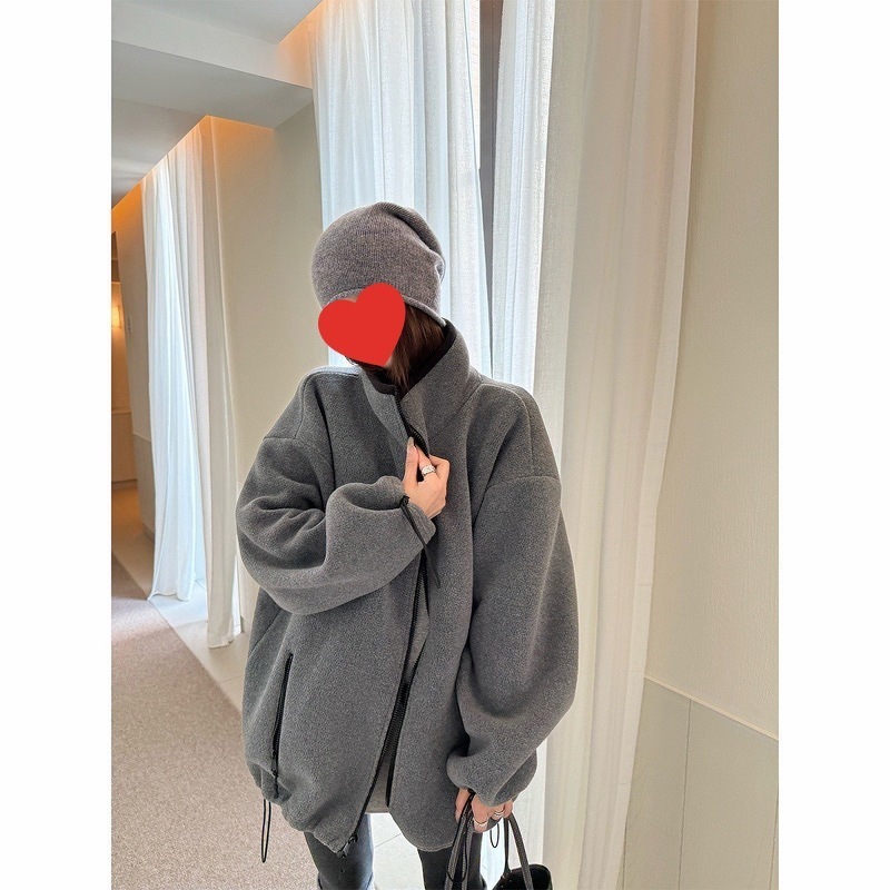 Autumn/Winter Fashionable Simple Letter Embroidery Badge Grey Tweed Loose-Fit Jacket Couple Jacket Trendy 251129