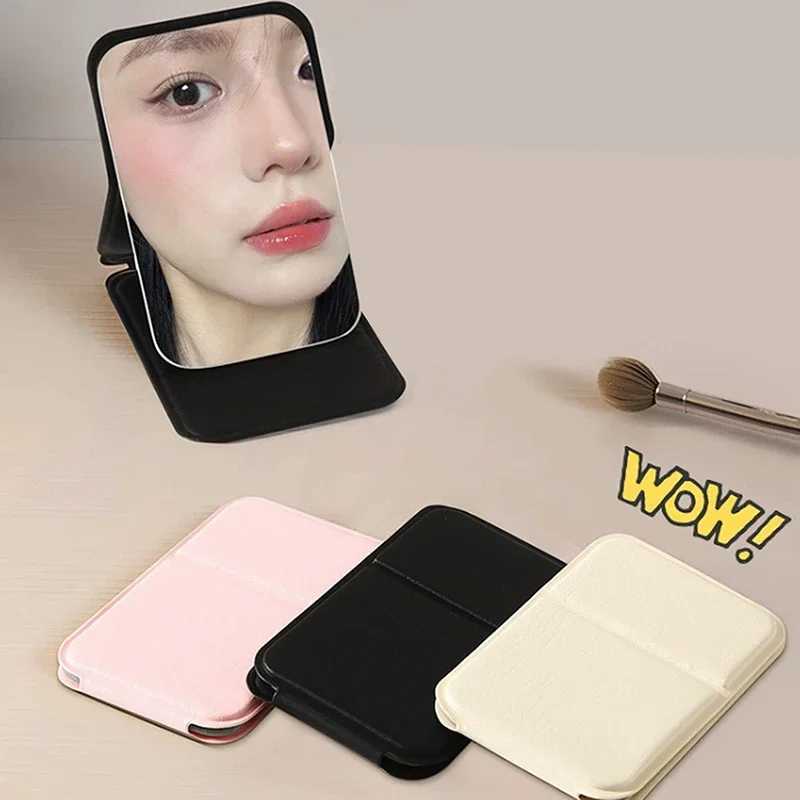 Desktop Mini Foldable Makeup Mirror Solid Color PU Leather Simple Portable Wear-resistant Student Compact Handheld Makeup Mir H260324