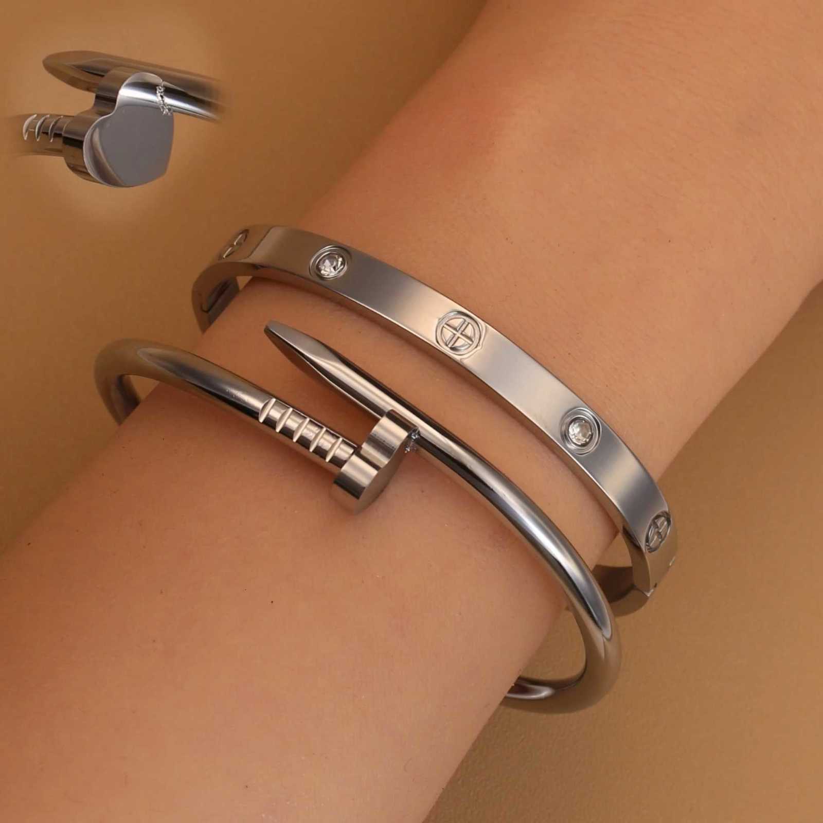 Hot Selling Heart Shaped Zircon Stainless Steel Gold Color 2-in-1 Ladies Jewelry Gift Bangles H260323 - view 4