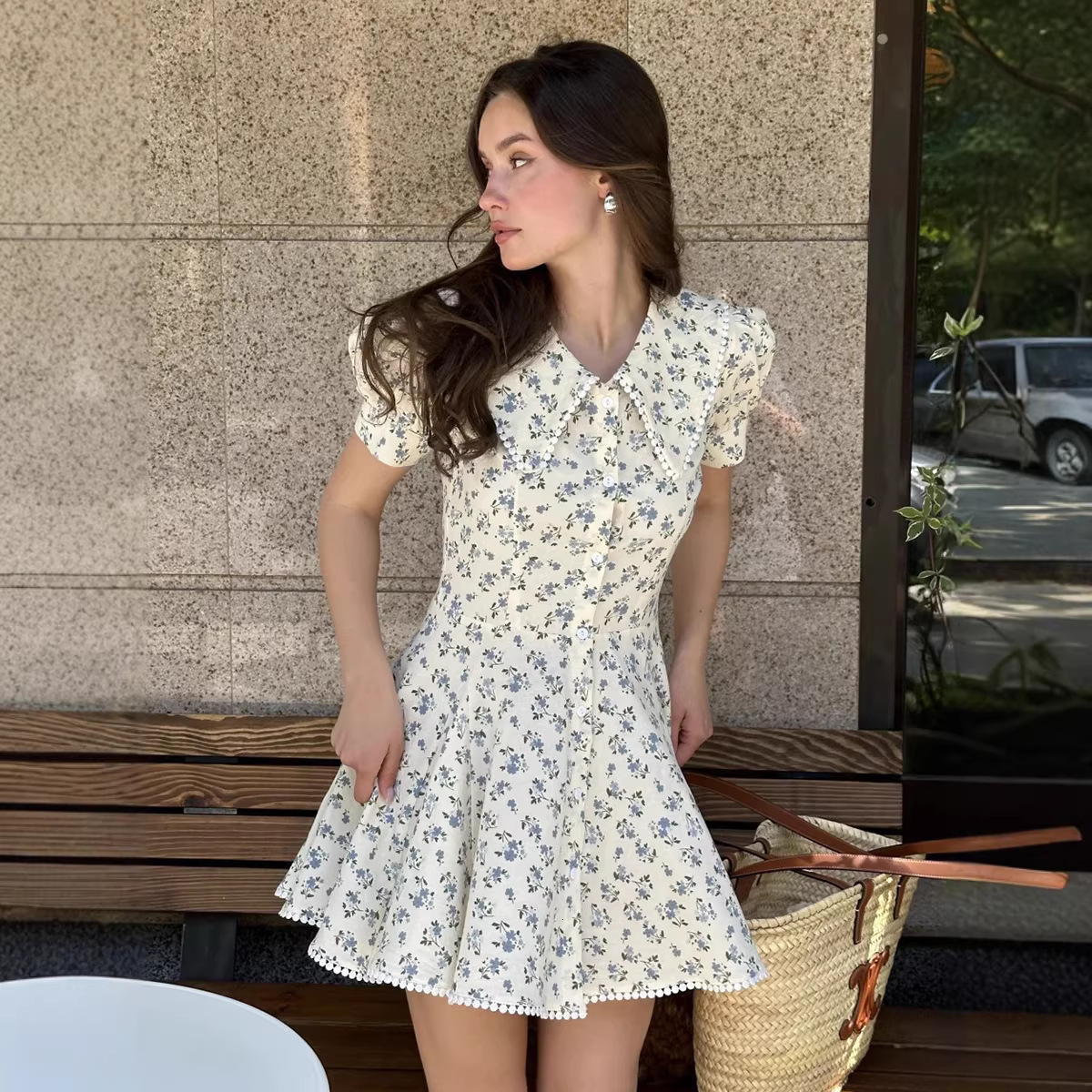 Floral Short-sleeve Dress European And American 2026 Designer Dress Summer New Style Elegant And Slim-fitting Sweet Doll Collar Single-breasted Short Dress