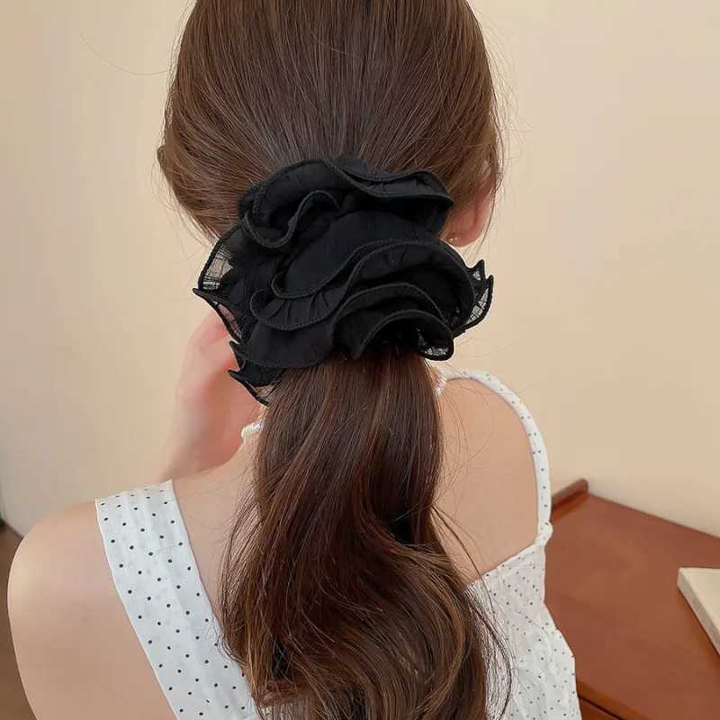 Solid Color Mesh Pleated Double-layer Large Scrunchies for Women Korean Simple Hair Flower Low Ponytail Holders Head Accessories H260324