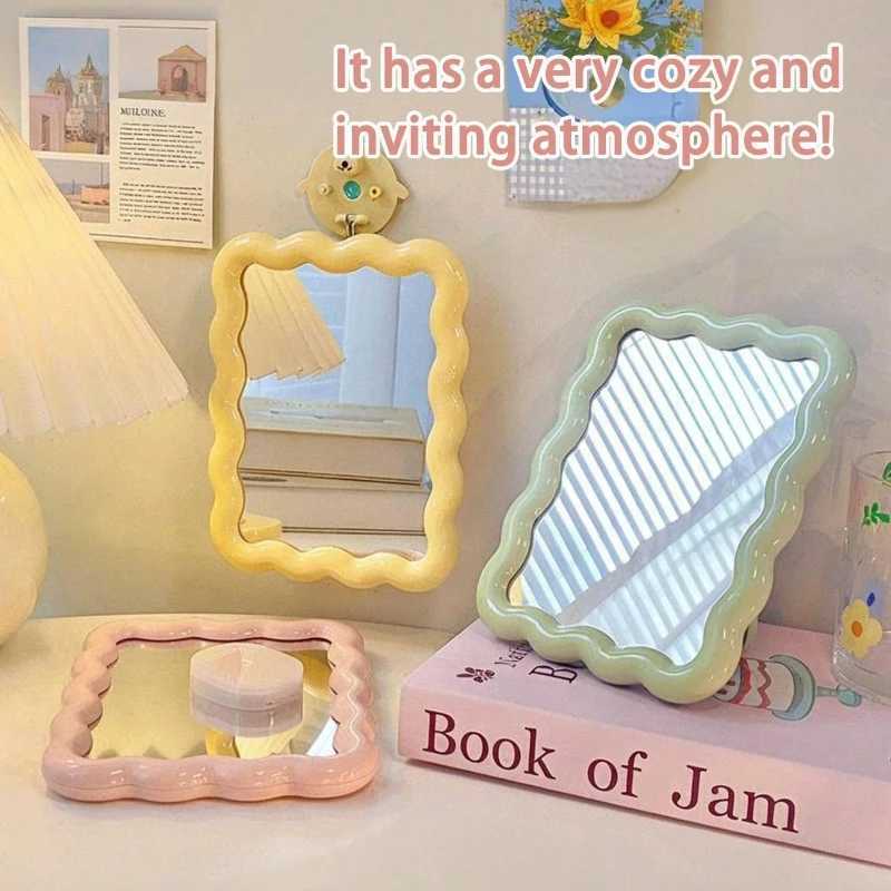 Cute Makeup Cream Wave Design Office/Mural Student Dormitory Room Decoration Travel Makeup Accessories Mini Mirror Convenient H260324