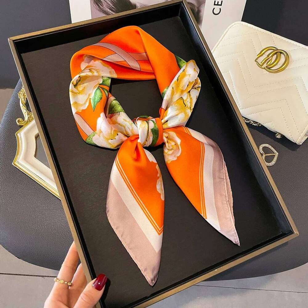 New Luxury Floral Print Silk Square Scarf Women Soft Satin Kerchief Hairband Head Hijab Lady Headband Foulard Bag Ribbon