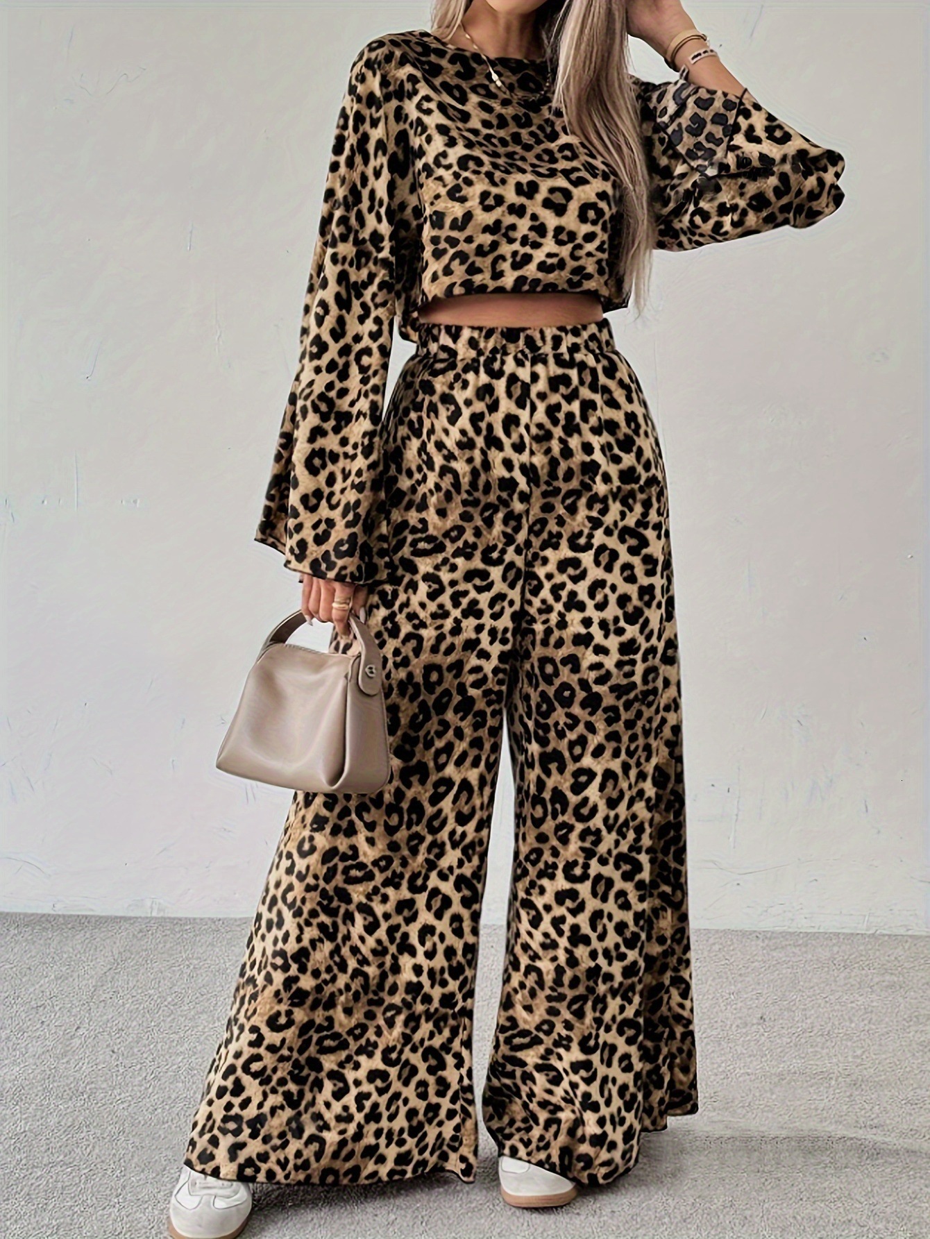 Missoo Autumn Leopard Feather Set Round Neck Long Sleeve Top High Waist Straight Pants Elegant Pants Set 241203