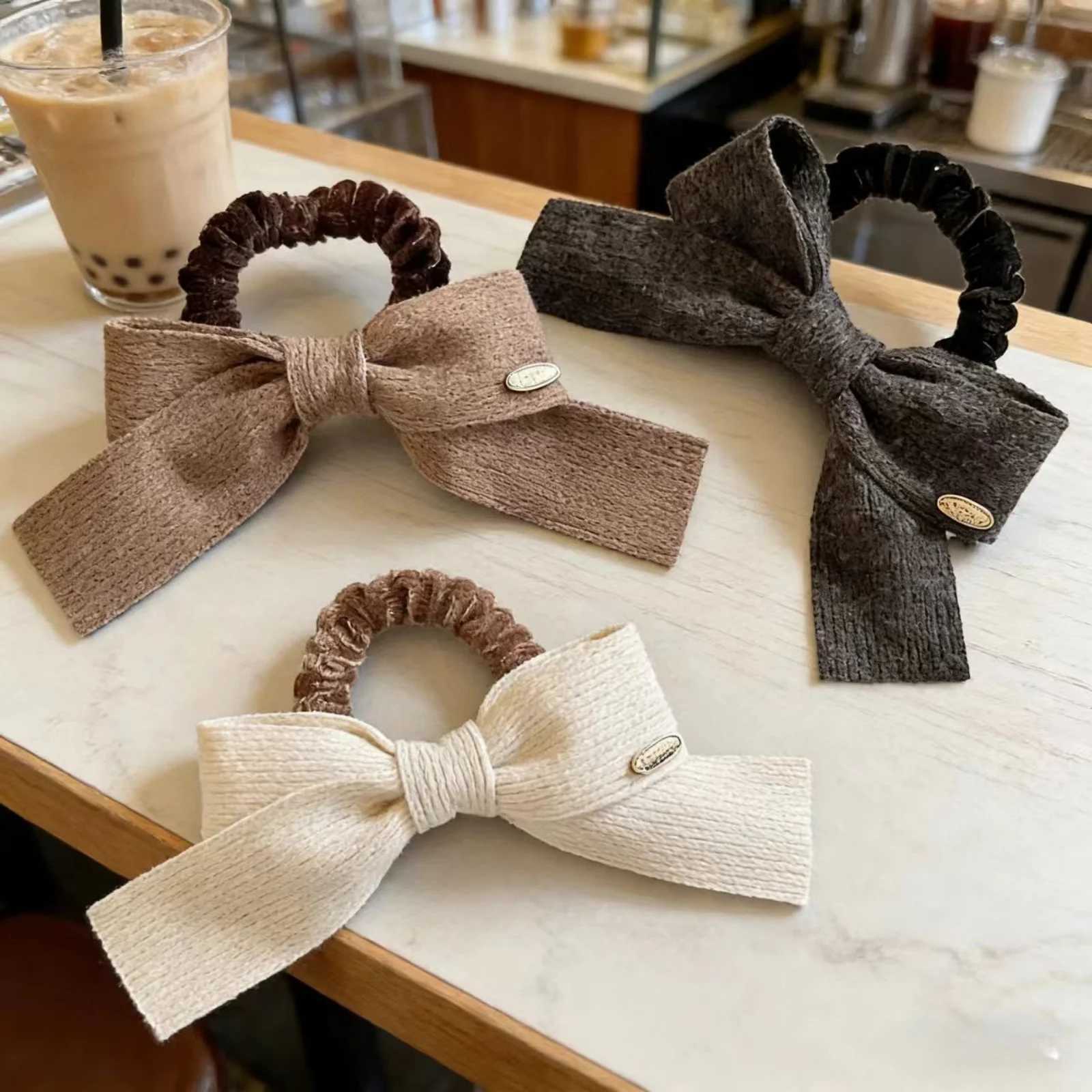 1PC Neutral Knit Bow Scrunchies BeigeBrown Gray Ribbed Hair Ties With Metal Label Minimalist Ins-Style Hair Accessories H260324