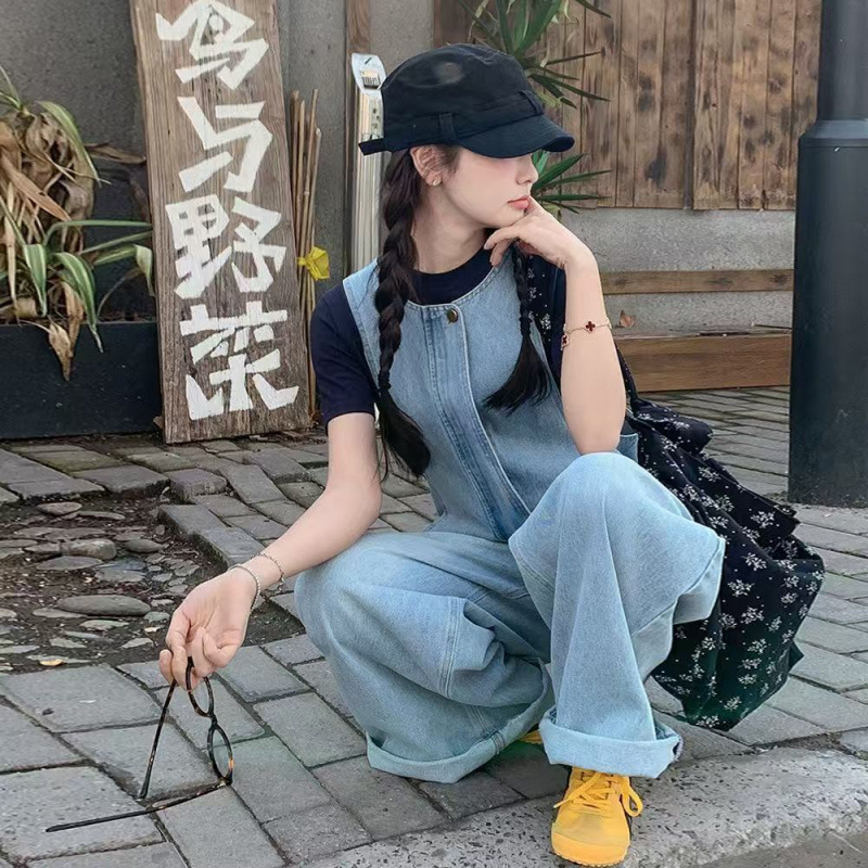 College Style Korean Denim Overalls For Women Summer New Casual Designer Pants Loose Trendy One-piece Wide-leg Pants