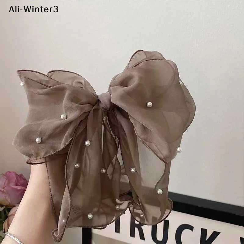 Fashion Ribbon Pearl Bow Hair Clips For Women Elegant Chiffon Bowknot Ponytail Clip Pin Bows Barrette Sweet Headwear Accessories H260324