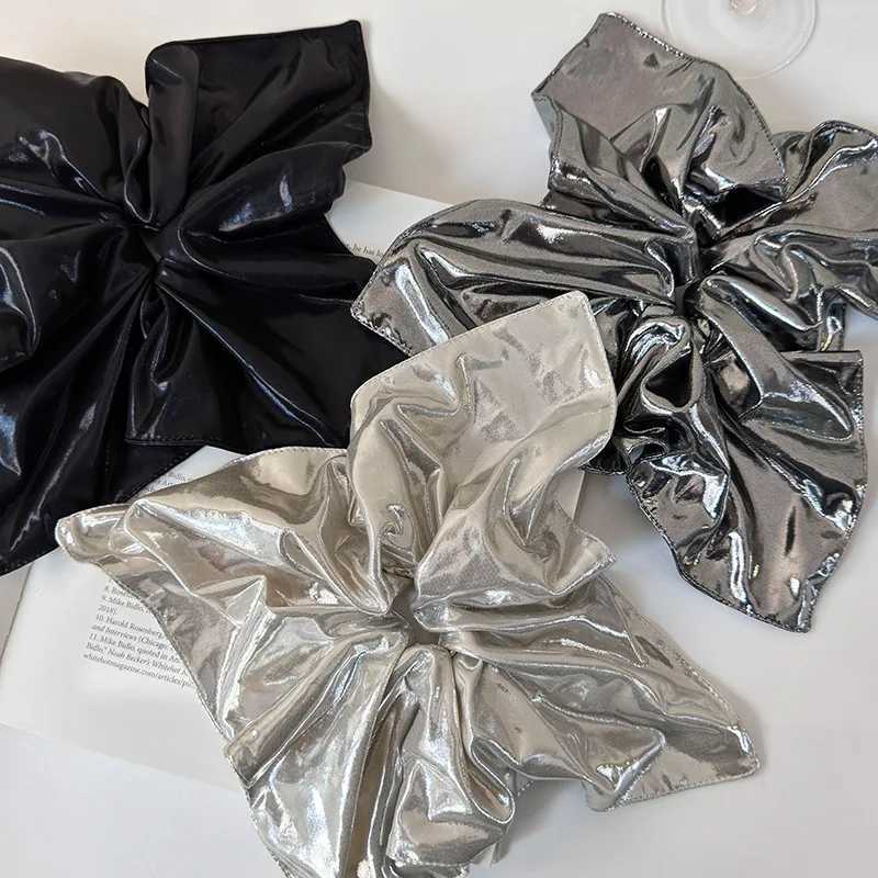 21cm Oversize Metallic Black Silver Hair Scrunchies Faux Leather Square Elastic Hair Bands Women Girls Accessories Hair Ties H260324