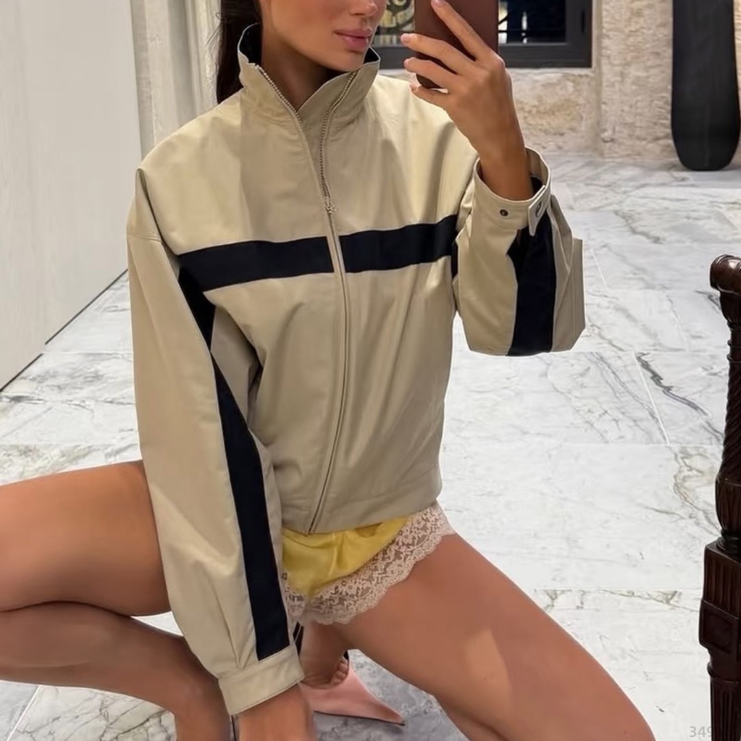 Women designer clothes women Short jacket with a color-blocked stand-up collar