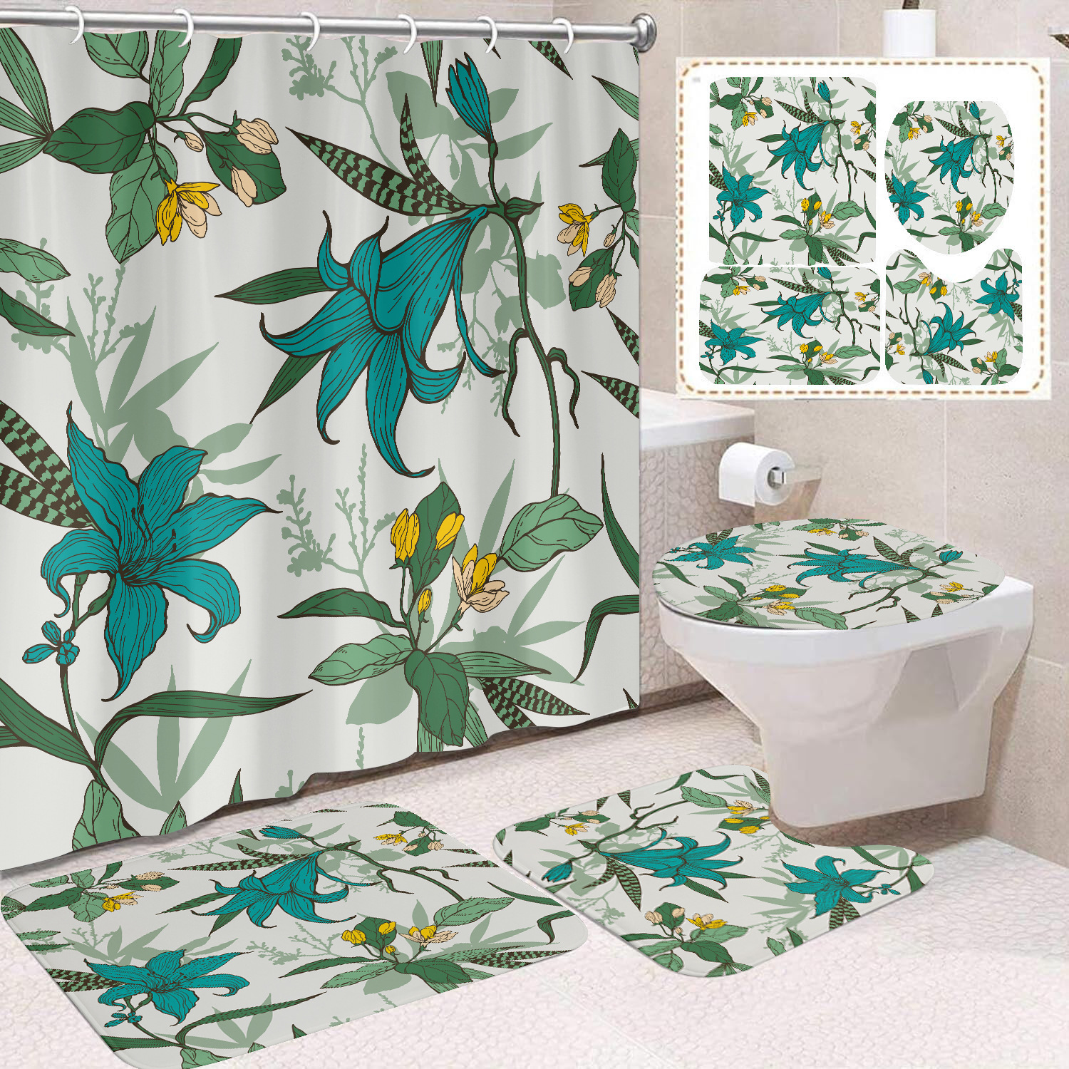 YL-38384 Floral Shower Curtain and Mat Set (4 Pieces) - Bathroom Dry and Wet Separation, Toilet Isolation Curtain, Modern Minimalist Style