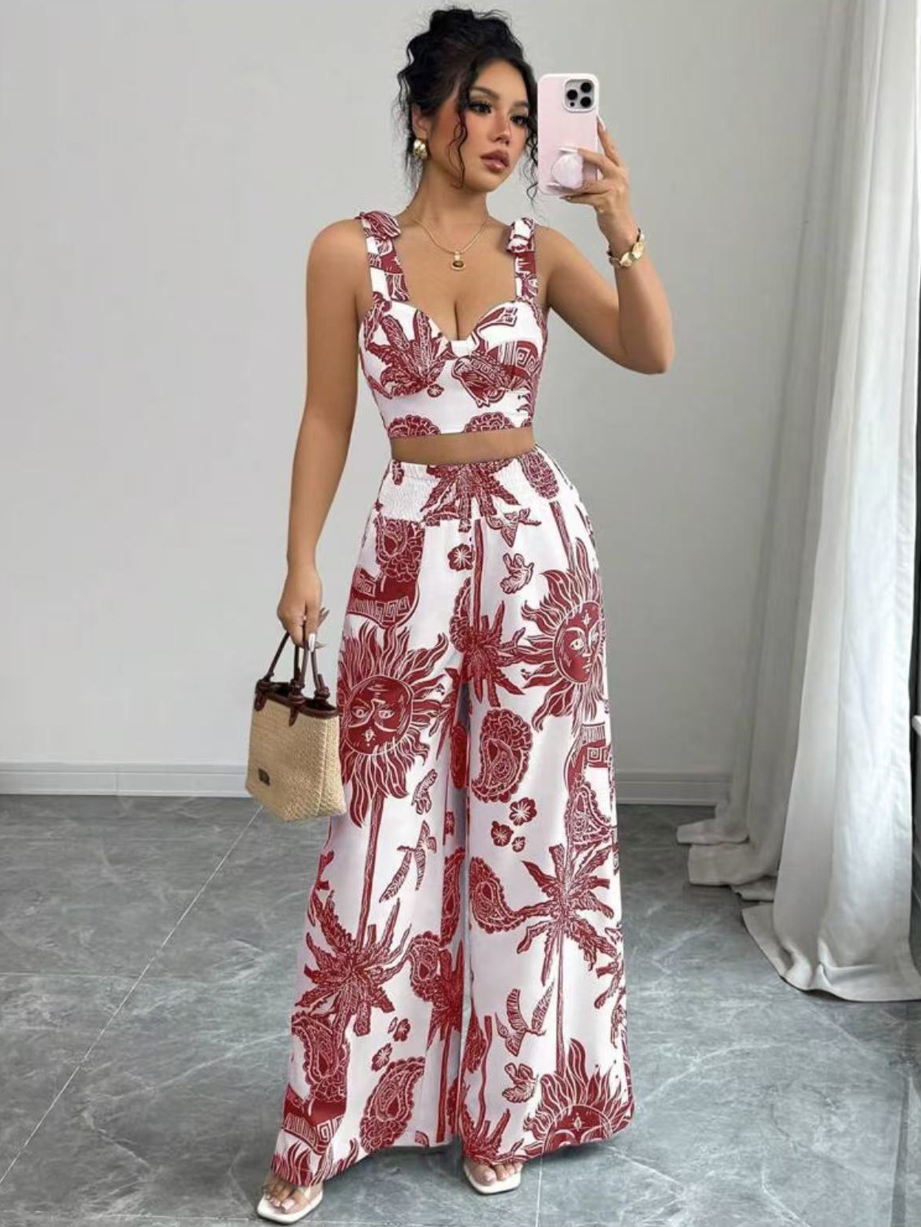 Luxury Brand Designer Clothes 2025 European And American Women's Summer New Sexy V-Neck Camisole Top + Loose Waistband Wide-Leg Pants